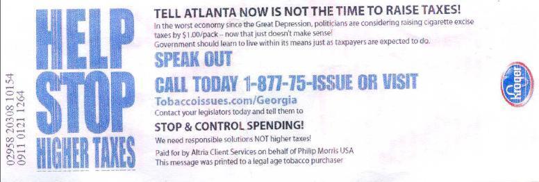 Cigarette-purchase receipt at a Kroger grocery store Georgia, 2010 Galloway, J, An anti-tax ad with every pack of cigarettes, The Atlanta