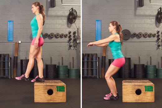 3 Box Drops Stand on top of a sturdy box or bench. Start with an eight- to 12-inch box and work up in height. Step off the box and land firmly in an athletic stance.