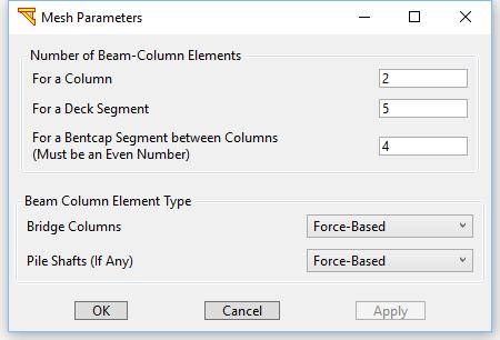 3.9 Mesh Parameters To change the number of beam-column elements for the bridge model, click Mesh infig. 6.Fig. 60 displays the Mesh Parameters window showing the default values.