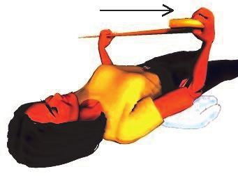 Now use the stick to turn your operated arm out to the side. Keep your elbows tucked in.