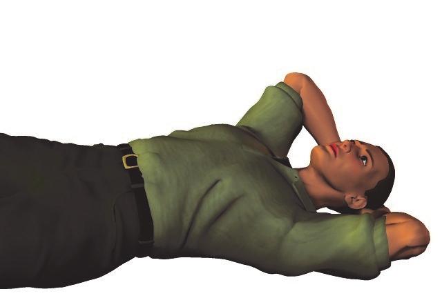 now resting your hands upon your head, try to lower your elbows out to the side. Reverse the movement to come down.
