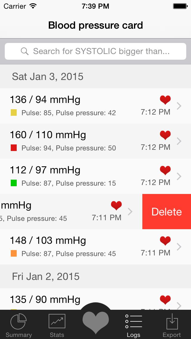 Diary Logs Search for systolic values higher than... Tap: Show record details Swipe from right to left: Delete record With the logs you will get an overview of all your records.