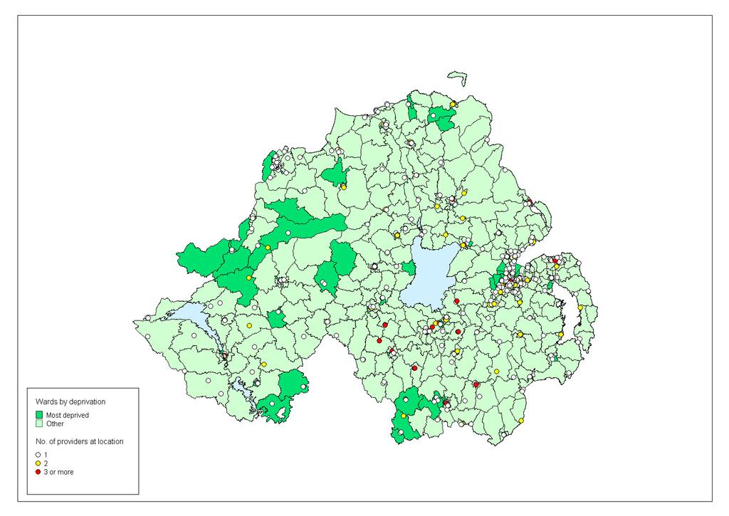 Annexe D: Maps Map for Northern Ireland indicating level of deprivation and location of service providers Note: There are four service