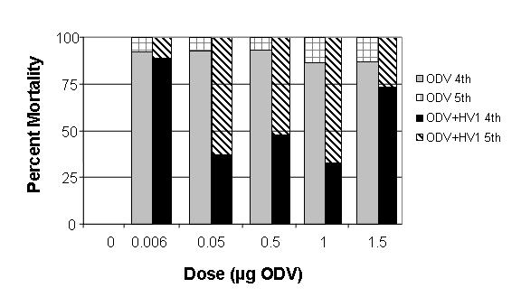 118 Figure 5. Increased survival time and reduced viral infection in H. virescens cofed the HV1 peptide and ODV.A. ODV lethal dose curve and competition bioassay with the HV1 peptide.