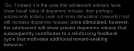 perhaps adolescents initially seek out more stimulation (rewards) that will increase dopamine release; once