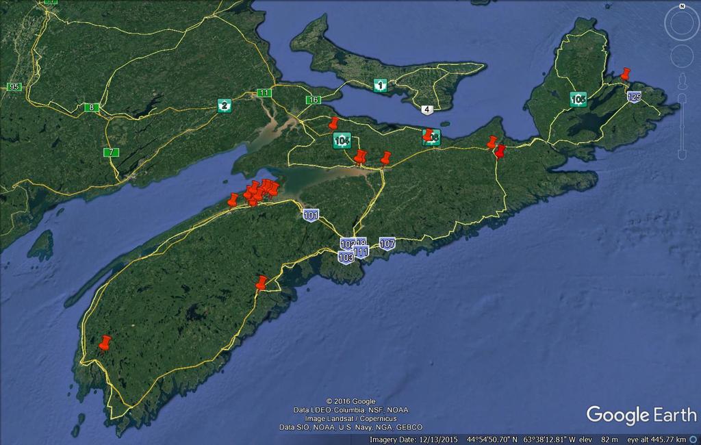 nurseries had two monitoring sites. Figure 1 shows the general distribution of these farms across Nova Scotia.