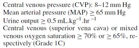 A. Initial Resuscitation The first 6 hrs of resuscitation goals (grade 1C) (1C) : a) CVP 8 12 mm Hg b) MAP 65 mm Hg c)