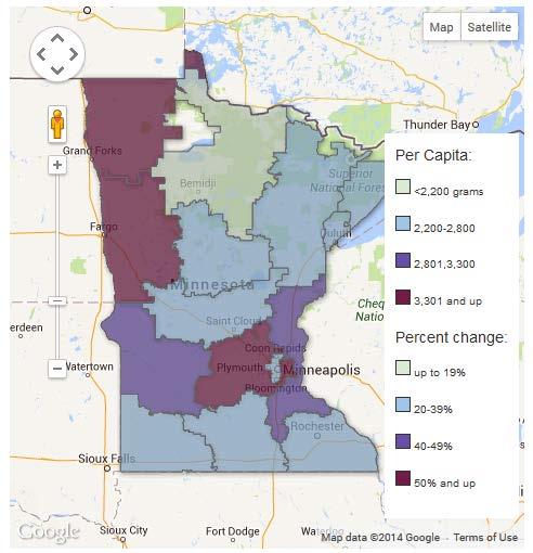 Increase in Opiate Use In Minnesota 2005-2011 Maps show grams per 10,000 people of prescriptions for painkiller opiates (such as
