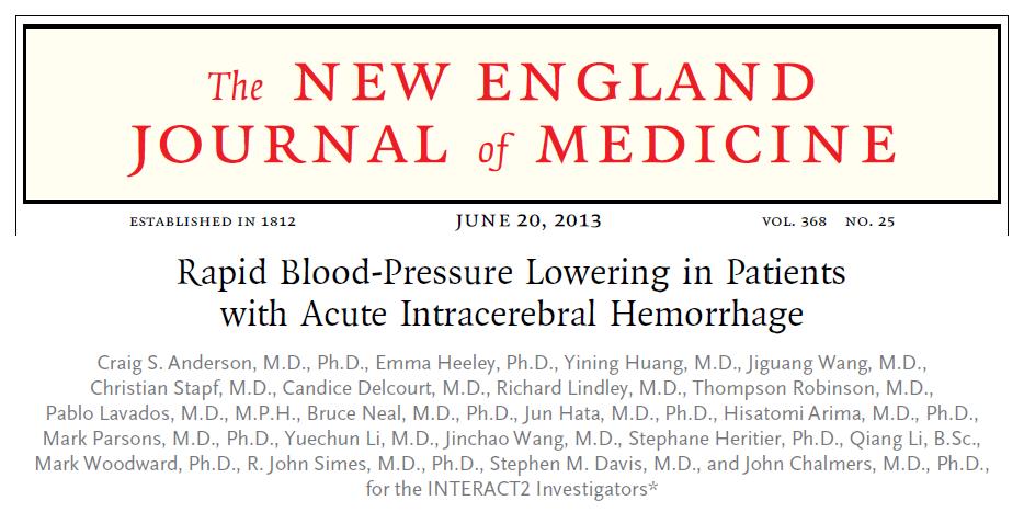 INTEnsive blood pressure Reduction in Acute Cerebral Hemorrhage (INTERACT2) INTERACT-1 RCT in Lancet Neurol