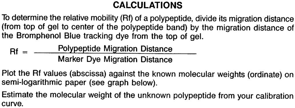 CALCULATIONS To determine the relative mobility (Rf) of a polypeptide, divide its migration distance (from top of gel to center of the polypeptide band) by the migration distance of the Bromphenol