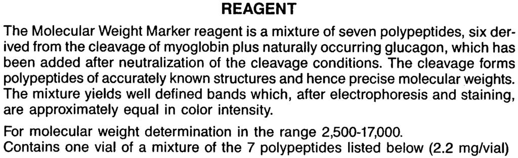 REAGENT The Molecular Weight Marker reagent is a mixture of seven polypeptides, six derived from the cleavage of myoglobin plus naturally occurring glucagon, which has been added after neutralization