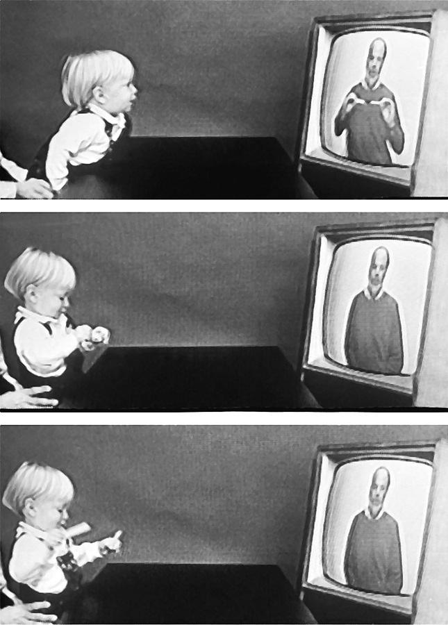 Imitation Onset Learning by observation begins early in life. This 14- month- old child imitates the adult on TV in pulling a toy apart.