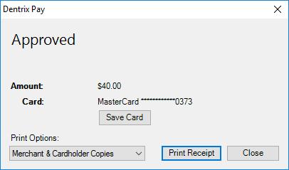 Note: If you selected Sign with epad in the Dentrix Pay Setup dialog box and have set up an epad device, the cardholder is prompted for a signature if the transaction is approved. 5.
