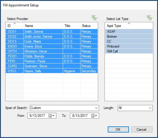 8 Dentrix G6.6 2. In the Fill Appointment List window, click the Setup button. The Fill Appointment Setup dialog box appears. 3.