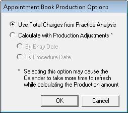 Calculate with Production Adjustments Calculates production from the total charges and production adjustments as set in the Practice Advisor Report, A/R Totals Report, DXPort, and completed