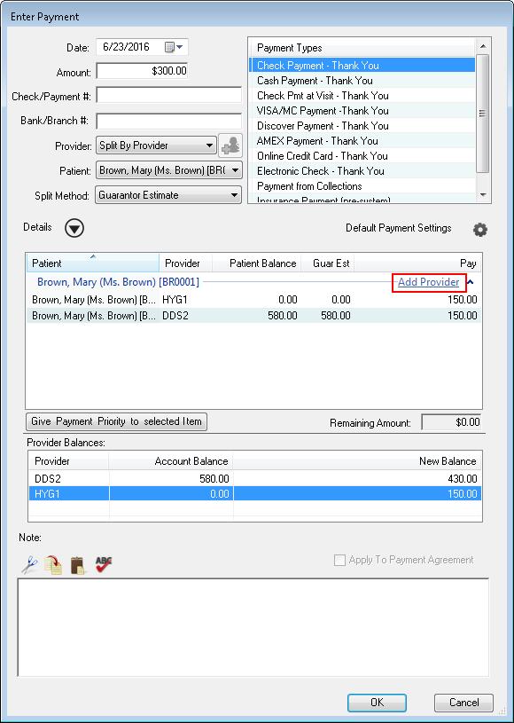 Dentrix G6.2 5 The Details panes appear in the Enter Payment dialog box. 4. To add a provider, click Add Provider. 5. From the Select Provider dialog box, select the providers you want to split the payment with, and click OK.