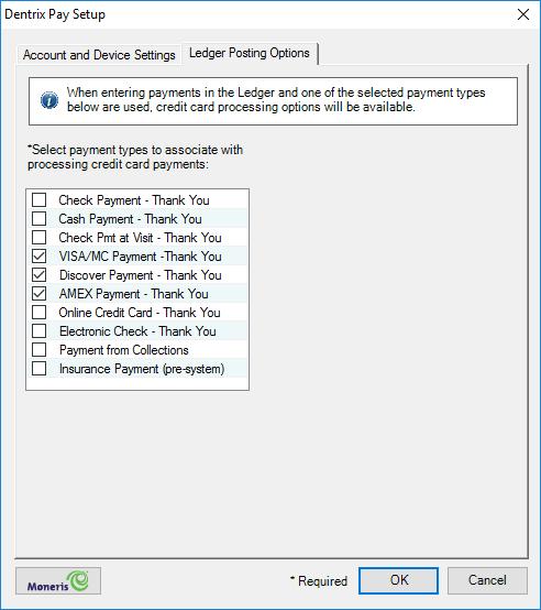 Dentrix G6.6 5 7. Select the payment types that you want to associate with processing credit card payments, and then click OK.