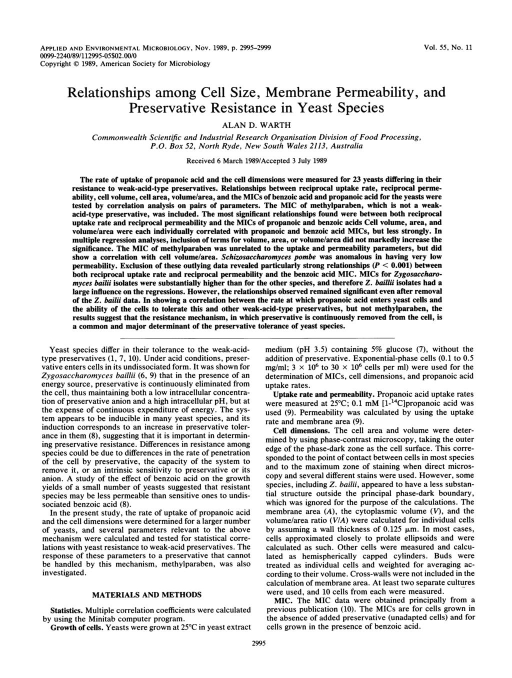 APPLIED AND ENVIRONMENTAL MICROBIOLOGY, Nov. 1989, p. 2995-2999 Vol. 55, No. 11 99-224/89/112995-5$2.
