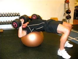 1) STABILITY BALL DUMBBELL CHEST PRESS: Lay supine (facing the ceiling) on an an0 burst Stability