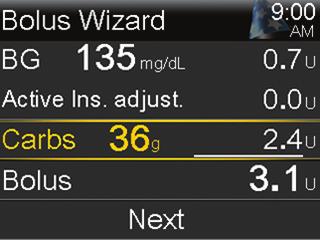 Getting started I Calibration Calibrating through the Bolus Wizard You are able to calibrate when using the Bolus Wizard. 1) Press. 2) Select Bolus. 3) Select Bolus Wizard. 4) Press.