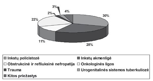 kitų navikų plitimas į viršutinius šlapimo takus (n = 34), obstrukcinė ir refliuksinė nefropatija (n = 18), nefrosklerozė dėl autoimuninių ligų (n = 4), urogenitalinės sistemos tuberkuliozė (n = 4),