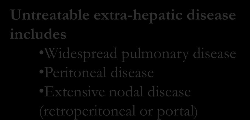 When is surgery contraindicated Unfit for surgery Uncontrolled primary disease Untreatable extra-hepatic disease Untreatable extra-hepatic disease includes Widespread pulmonary disease Peritoneal