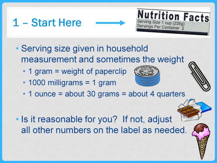 Look at the How to Use a Label in the Participant Booklet. How should the label be used? Begin by looking at the serving size and the number of servings in the package.
