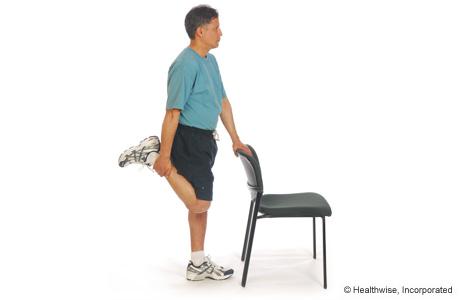 1. If you are steady on your feet, stand holding a chair, counter, or wall. You can also lie on your stomach or your side to do this exercise. 2.