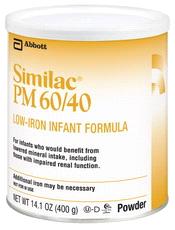 Similac PM 60/40 Low-Iron Infant Formula For infants who would benefit from lowered mineral intake, including those with impaired renal function. Use under medical supervision.