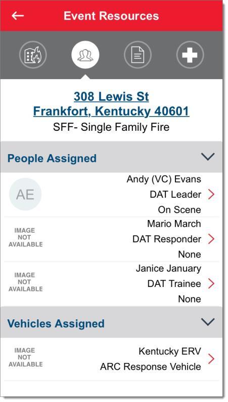 Viewing Inf n Vehicles and Other Respnders Sectin: Using the DAT App during a DAT Respnse T view the names, cntact infrmatin, Respnder Status, and phts (if any) f thers assigned t the event respnse
