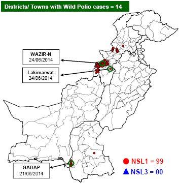 Distribution of Wild Polio Virus cases in Pakistan 213 and 214 In week 29 (13 to 19 July 214), five new type 1 wild polio virus (WPV) cases were reported, three from Federally Administered Tribal