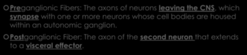 Preganglionic Fibers: The axons of neurons leaving the CNS,