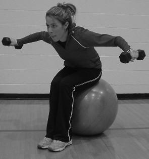 Return to starting position. Targets: Rhomboids, Posterior Deltoid Front and Lateral Raise Sit on ball, with dumbbells in hand.