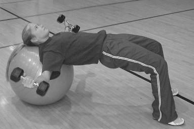 Chest Fly/Pullover Lie supine on ball, walk feet away from ball resting only shoulders and head
