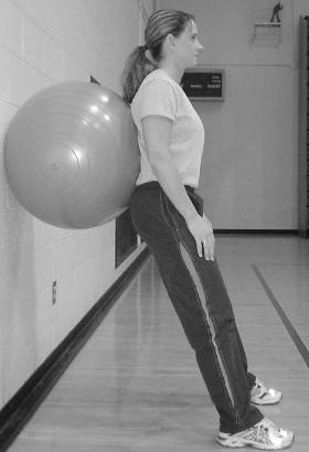 Wall Sit Place ball on wall, press lower back into ball. Stand with feet out in front of you, slowly bend knees, and lower body. Your knees should not pass over your toes. Hold.