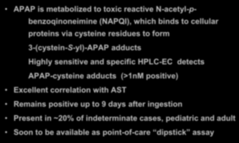 Acetaminophen (APAP) adducts assay APAP is metabolized to toxic reactive N-acetyl-pbenzoqinoneimine (NAPQI), which binds to cellular proteins via cysteine residues to form 3-(cystein-S-yl)-APAP