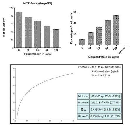 Hep-G2 Cytotoxicity Analysis MTT (3-(4, 5 dimethylthiazol 2 yl) 2, 5-diphenyltetrazolium bromide) assay, it is a homogenous cell viability assay works on the principle of formazan formation.