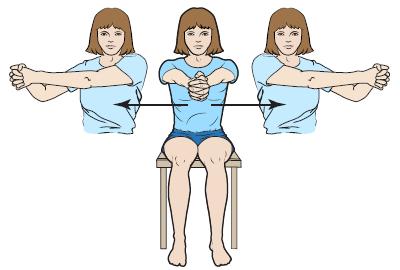 Sideways arm rotations 1. With your arms at shoulder height, clasp your hands together in front of you. 2. Without moving your waist, move your arms to the left (see Figure 6). 3.