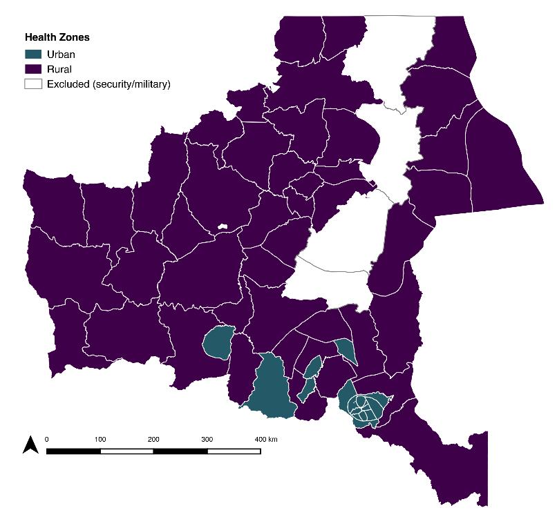 Health areas were selected through a multi-stage cluster design using PPS sampling. Thirty-four (17 urban and 17 rural) health areas were selected in Kinshasa.