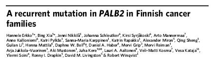 PALB2 mutations in familial & sporadic breast cancers Frameshift mutation found in 113 families