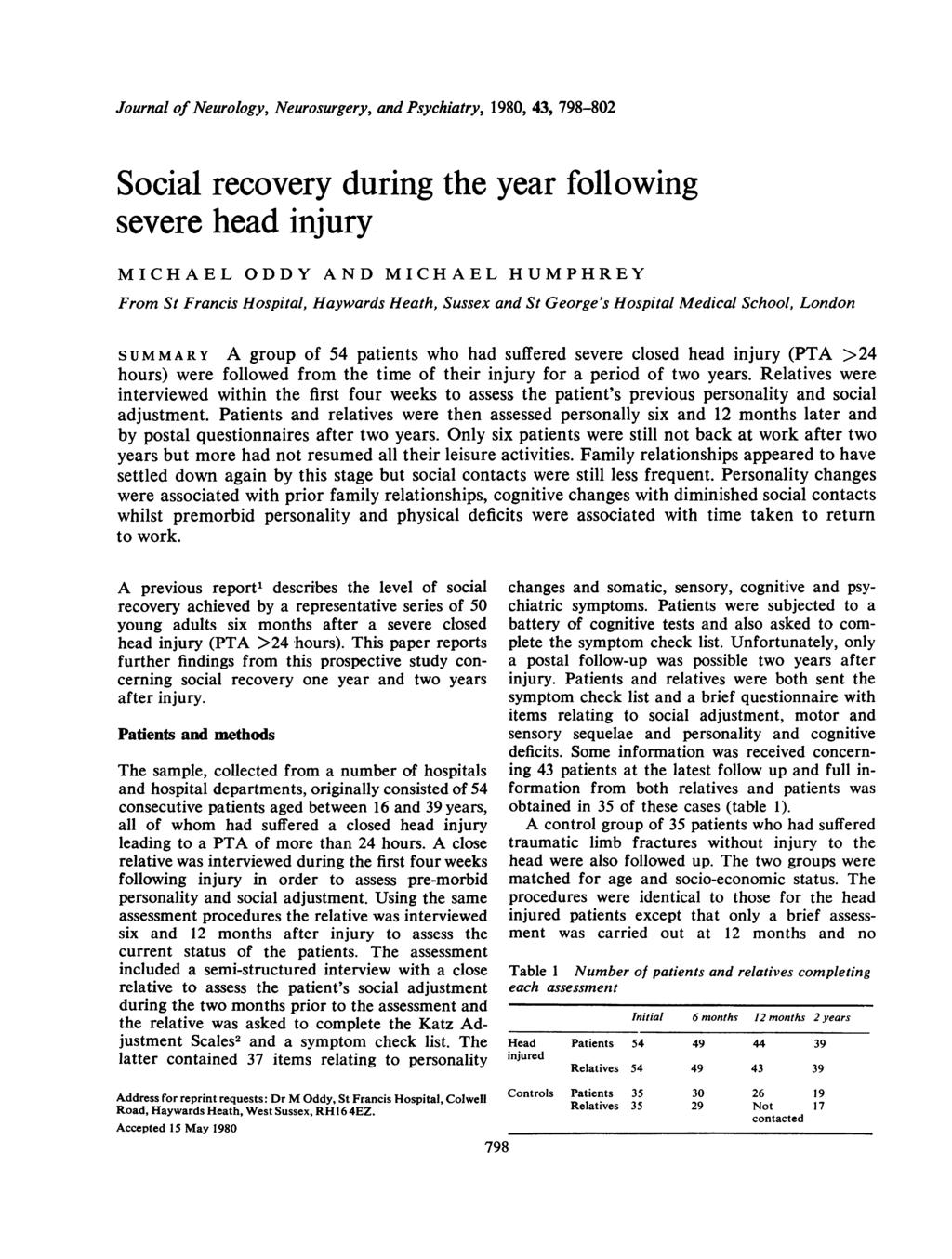 Journal of Neurology, Neurosurgery, and Psychiatry, 1980, 43, 798-802 Social recovery during the year following severe head injury MICHAEL ODDY AND MICHAEL HUMPHREY From St Francis Hospital, Haywards