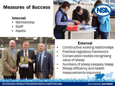 the contribution sheep make to society and of the core aspects of the sheep sector. In delivering this vision, NSA looks at internal and external measures of success.