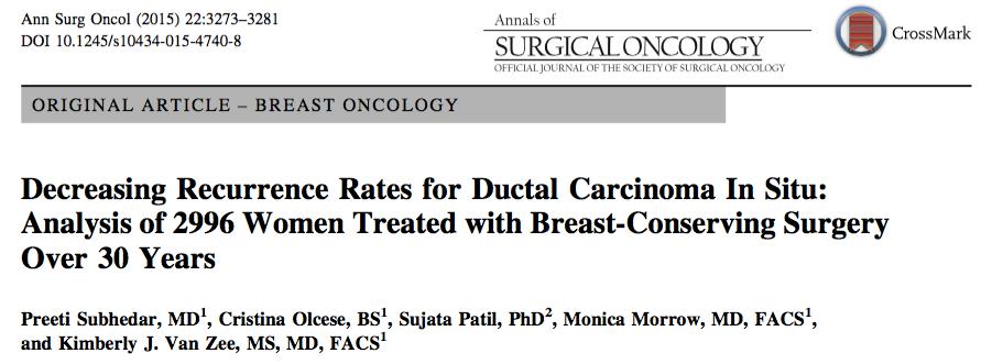 Breast Conserving Surgery Alone Recurrence rate (95 % confidence interval) Time period 5 year 10 year HR P value 1978-1998 19.1 % (15.6-23.2 %) 26% (22.0-30.7%) 1.0 ---- 1999-2010 8.9 % (7.1-11.