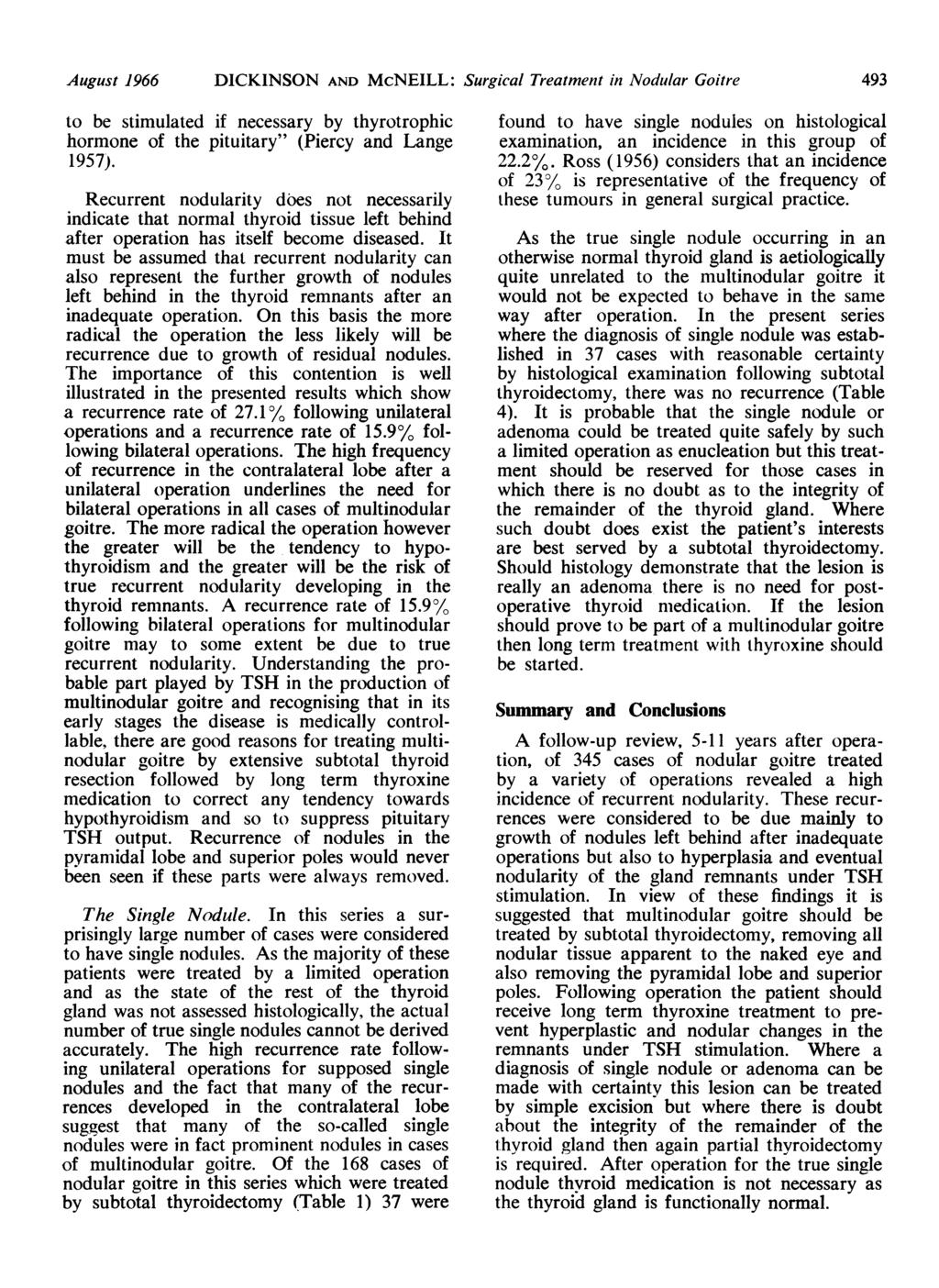 August 1966 DICKINSON AND McNEILL: Surgical Treatment in Nodular Goitre 493 to be stimulated if necessary by thyrotrophic hormone of the pituitary" (Piercy and Lange 1957).
