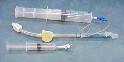 Airway (Combitube), 140ml syringe, 20ml syringe, fluid