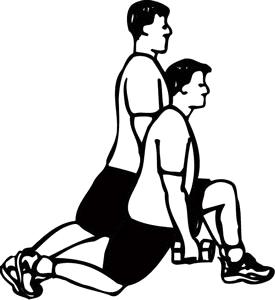 Lunge forward with your right leg such that when the right foot contacts the ground the right shin is vertical and the right thigh is parallel to the ground.