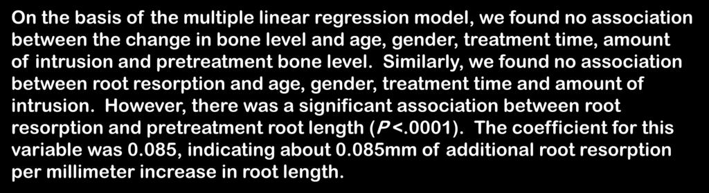 Similarly, we found no association between root resorption and age, gender, treatment time and amount of intrusion.