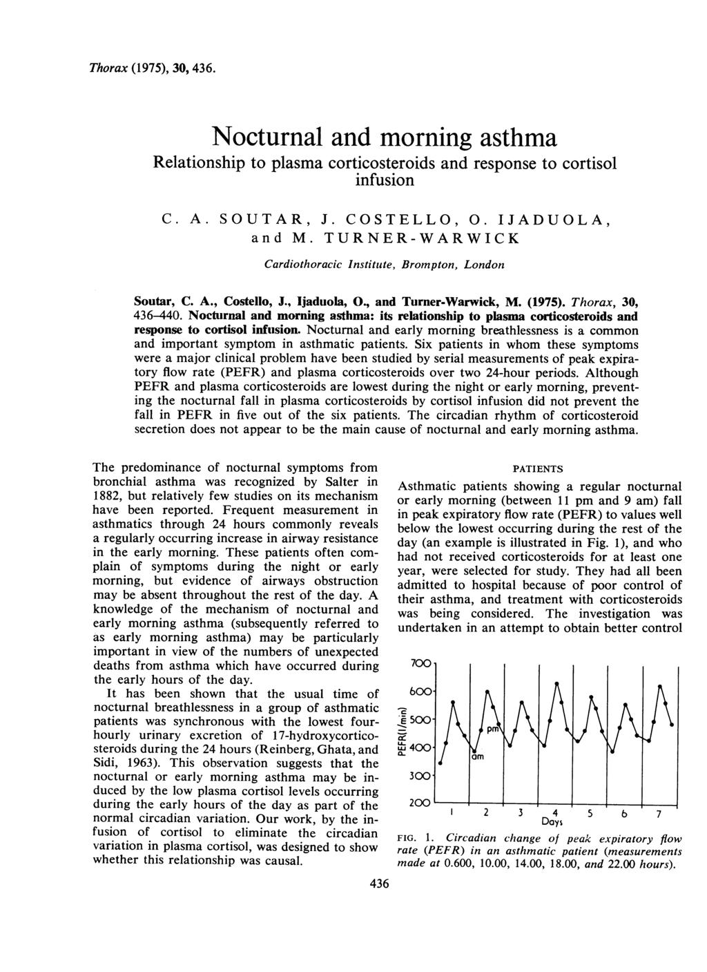 Thorax (1975), 30, 436. Nocturnal and morning asthma Relationship to plasma corticosteroids and response to cortisol infusion C. A. SOUTAR, J. COSTELLO, 0. IJADUOLA, and M.