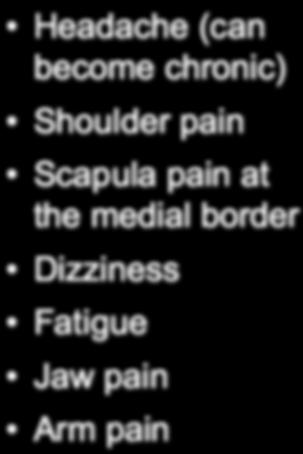 Other Symptoms of Whiplash Headache (can become chronic) Shoulder pain Scapula pain at the medial border