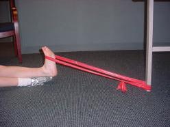 Ankle Dorsiflexion: With the theraband still in place, position your body so that your leg is straight in front of you and the table leg where the theraband is tied is in front of your ankle (you are